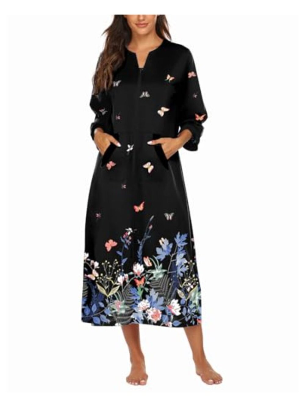 Ekouaer Women's Zipper Robe 3/4 Sleeve Housecoat with Pockets Soft Lounge